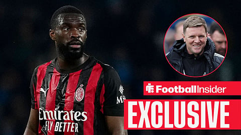 Fikayo Tomori in action looking at Eddie Howe smiling on sideline right inset