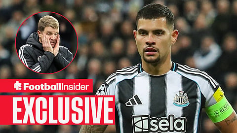 Bruno Guimaraes hands on hips in action with Eddie Howe with head in hands on sideline left inset
