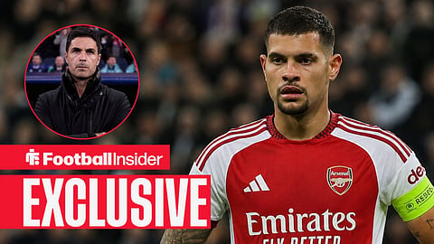 Newcastle United's Bruno Guimaraes in Arsenal's 2026-27 home kit / Arsenal manager Mikel Arteta watching on from the sidelines with his arms crossed