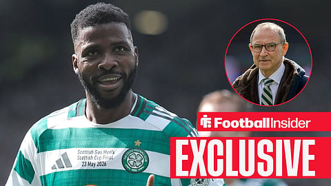 Kelechi Iheanacho celebrating a goal with Martin O'Neill smiling at camera on pitch right inset