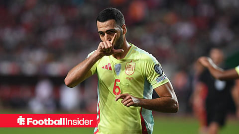 Arsenal midfielder Mikel Merino celebrates after scoring for Spain