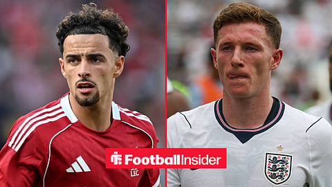 Curtis Jones on left playing in Liverpool kit with Elliot Anderson on right in England kit