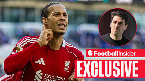 Football Insider exclusive as Liverpool defender Virgil van Dijk points to his ear after scoring, while manager Andoni Iraola watches from a circular inset.