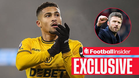 Football Insider exclusive as Wolves midfielder Joao Gomes applauds, while Man United manager Michael Carrick punches the air in a circular inset.
