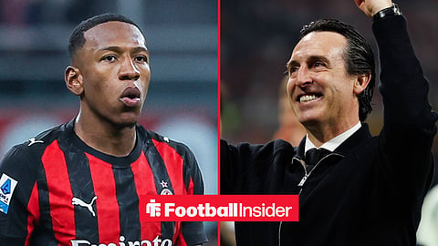 AC Milan left-back Pervis Estupinan with Aston Villa manager Unai Emery celebrates inset