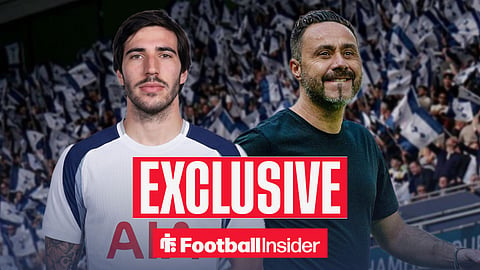 Sandro Tonali in a Tottenham home kit, standing next to Roberto De Zerbi at the Tottenham Hotspur Stadium