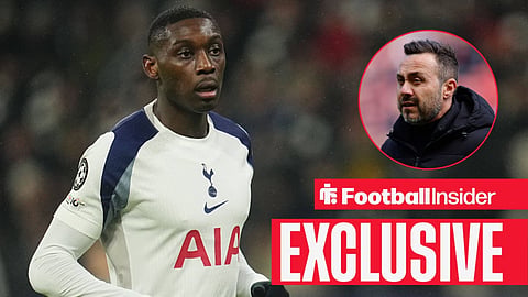 Football Insider exclusive as Randal Kolo Muani stares towards Tottenham manager Roberto De Zerbi, who watches from a circular inset.
