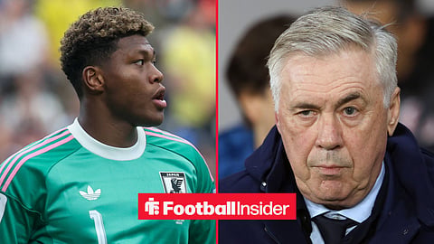 Zion Suzuki on left in Japan kit in 2026 World Cup and Carlo Ancelotti on right in coat