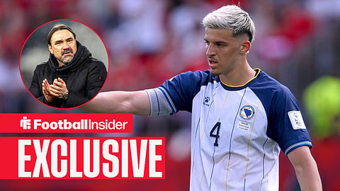 Football Insider exclusive as Tarik Muharemovic is in action for Bosnia, while Leeds manager Daniel Farke applauds in a circular inset.