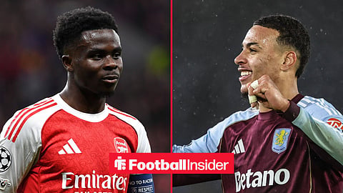 Arsenal winger Bukayo Saka with Aston Villa midfielder Morgan Rogers celebrates inset