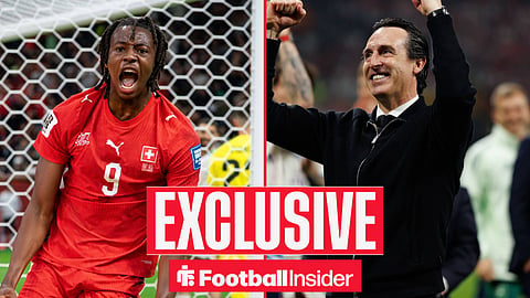 Football Insider exclusive as Johan Manzambi celebrates a goal for Switzerland, while Aston Villa manager Unai Emery punches the air on the other side of a split image.