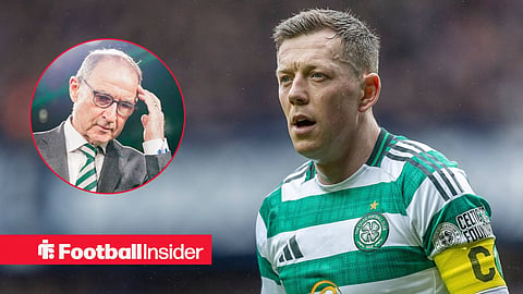 Callum McGregor in action facing Martin O'Neill looking down with hand to head left inset