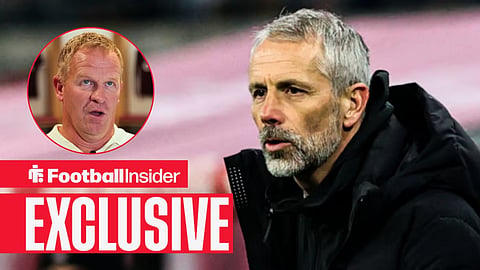 Bournemouth manager Marco Rose on the sidelines, with Hearts' Wouter Vrancken in a circular inset