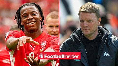 Johan Manzambi celebrates a goal for Switzerland, with Eddie Howe looking frustrated