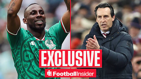 Football Insider exclusive as Julian Quinones celebrates a goal for Mexico, while Aston Villa manager Unai Emery applauds on the other side of a split image.