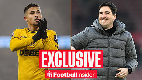 Football Insider exclusive as Wolves midfielder Joao Gomes applauds, while Liverpool manager Andoni Iraola smiles on the other side of a split image.