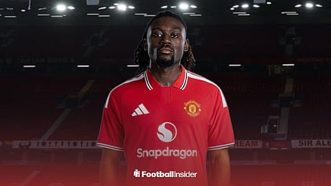 Roma and France international Manu Kone in a Man United kit at Old Trafford