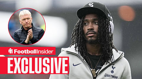 Football Insider exclusive as Tottenham defender Djed Spence stares towards Everton manager David Moyes, who applauds in a circular inset.