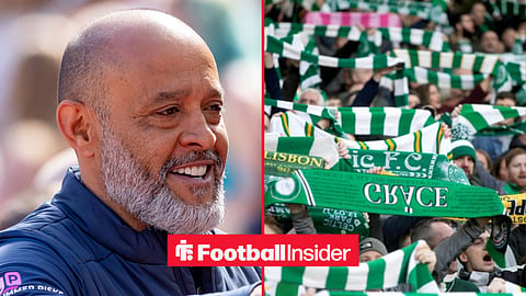 Nuno Espirito Santo on left in West Ham coat and Celtic fans on right holding scarf