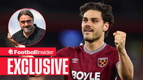 Football Insider exclusive as West Ham defender Konstantinos Mavropanos punches the air, while Leeds manager Daniel Farke watches from a circular inset.