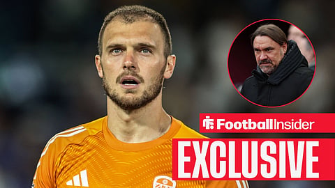 Football Insider exclusive as Leeds goalkeeper Lucas Perri is in action, while manager Daniel Farke watches from a circular inset.