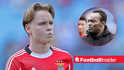 Andreas Schjelderup in action looking at Michael Essien as a coach with jumper on right inset