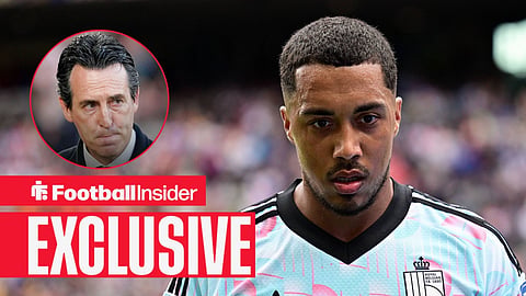 Man United midfielder Youri Tielemans playing for Belgium at the World Cup, with Aston Villa manager Unai Emery inset