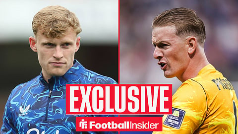 Everton goalkeeper Jordan Pickford features at the World Cup for England with Jarrad Branthwaite inset
