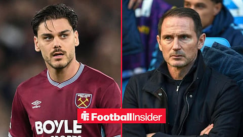 Konstantinos Mavropanos in action for West Ham, with Frank Lampard on the sidelines