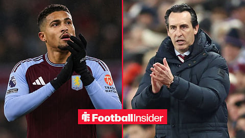 Joao Gomes of Wolves, in an Aston Villa home kit, applauds fans after being substituted during the Premier League football match between Wolverhampton Wanderers and Manchester United / Aston Villa boss Unai Emery applauds his players at Villa Park