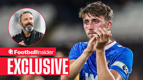 Football Insider exclusive as Dan Neil applauds after a game, while Rangers manager Derek McInnes smiles in a circular inset.