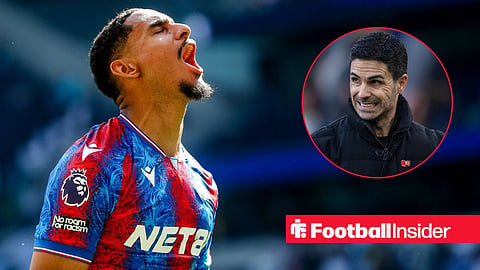 Maxence Lacroix of Crystal Palace celebrates after the teams victory following the Premier League match Tottenham Hotspur vs Crystal Palace at Tottenham Hotspur Stadium, London, United Kingdom, 11th May 2025 / Arsenal manager Mikel Arteta grimacing on the sidelines at the Emirates Stadium
