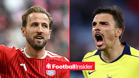 Bayern Munich striker Harry Kane celebrates with Tottenham midfielder Joao Palhinha celebrates