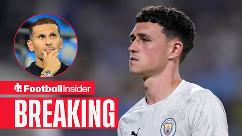 Phil Foden in action for Man City, with Khaldoon Al Mubarak in a circular inset