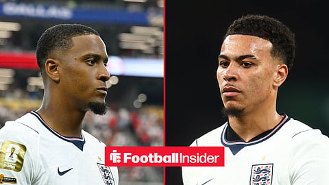 Aston Villa players Morgan Rogers and Ezri Konsa inset playing for England at the World Cup
