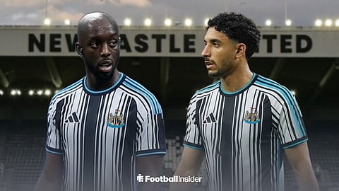 Yoane Wissa and Omar Marmoush in Newcastle United home kits at St James' Park