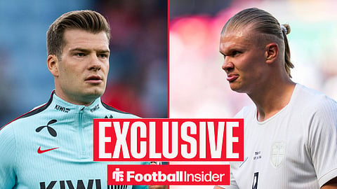 Atletico Madrid striker Alexander Sorloth warming up for Norway with Man City striker Erling Haaland playing for Norway inset