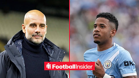 Former Man City manager Pep Guardiola smiles with winger Savinho inset