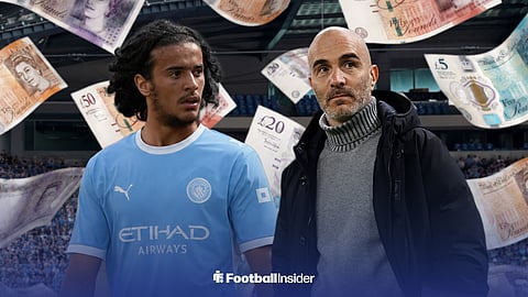 Lille's Ayyoub Bouaddi in a Man City home kit, standing next to Enzo Maresca at the Etihad Stadium, surrounding by floating money notes