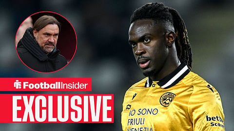 Oumar Solet in action with Daniel Farke looking stern left inset