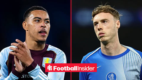Aston Villa forward Morgan Rogers claps with Chelsea midfielder Cole Palmer inset