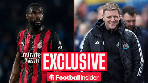 Football Insider exclusive as AC Milan defender Fikayo Tomori is in action, while Newcastle manager Eddie Howe smiles on the other side of a split image.