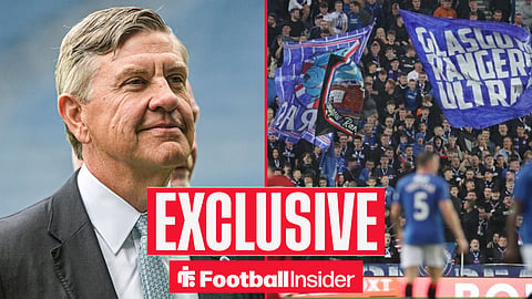 Football Insider exclusive as Andrew Cavenagh stares across a split image towards Rangers fans, who wave flags in the stands.