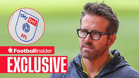 Football Insider exclusive as Wrexham owner Ryan Reynolds stares towards the EFL logo, which features in a circular inset.
