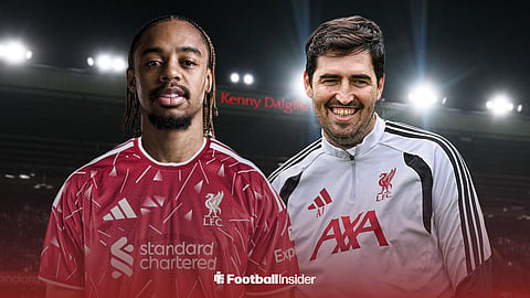 PSG's Bradley Barcola in Liverpool's 2026-27 home kit, standing next to Andoni Iraola at Anfield