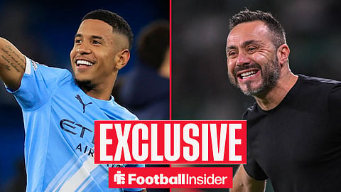 Man City winger Savinho smiles with Tottenham manager Roberto De Zerbi inset