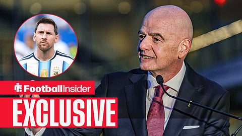 Football Insider exclusive as FIFA president stares towards Lionel Messi, who watches from a circular inset.