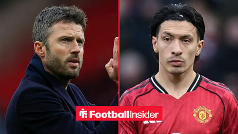 Michael Carrick applauding on the sidelines, with Lisandro Martinez in action for Man United