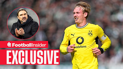 Football Insider exclusive as Julian Brandt is in action, while Leeds manager Daniel Farke applauds in a circular inset.