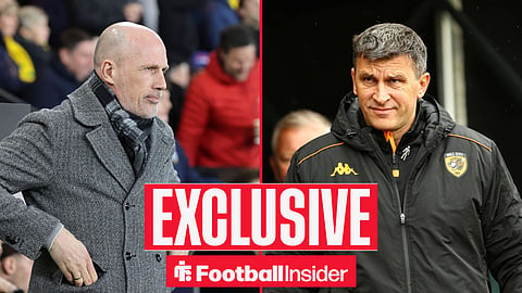 Football Insider exclusive as Norwich City manager Philippe Clement stares across a split image towards Hull City boss Sergej Jakirovic.